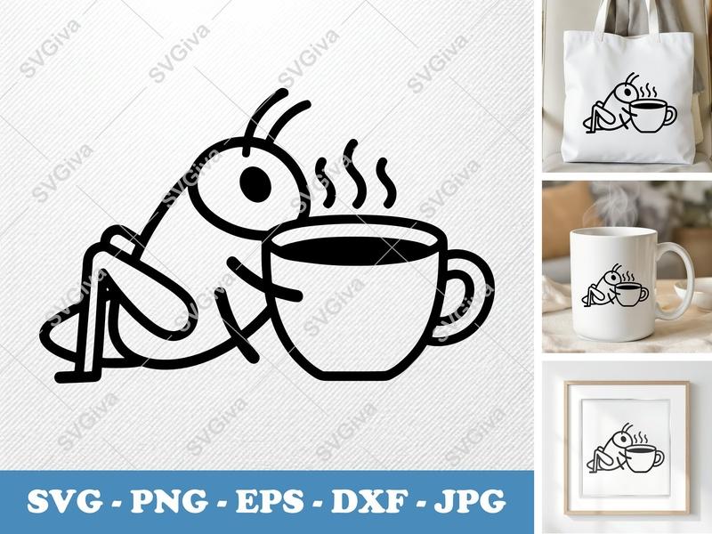 Grasshopper SVG | Coffee Cup Silhouette, Cute Bug Clipart | PNG EPS DXF for Cricut, Silhouette | Modern Insect Cut File