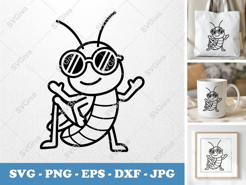 Grasshopper SVG | Cool Cartoon Insect with Sunglasses | PNG EPS DXF for Cricut Silhouette, Cute Bug Vector Art