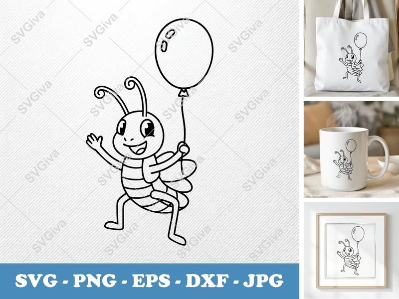 Grasshopper SVG, Cute Balloon Insect PNG EPS DXF | Modern Cartoon Bug Cut File for Cricut, Silhouette, Kids Crafts