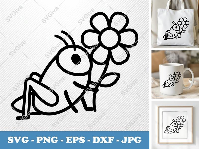 Grasshopper SVG, Cute Bug Outline, Insect with Flower Clipart | PNG EPS DXF for Cricut, Silhouette, Modern Farmhouse Decor