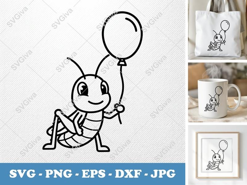 Grasshopper SVG, Cute Cartoon Grasshopper with Balloon, Modern Outline Art | PNG EPS DXF | Cricut Silhouette Cut File