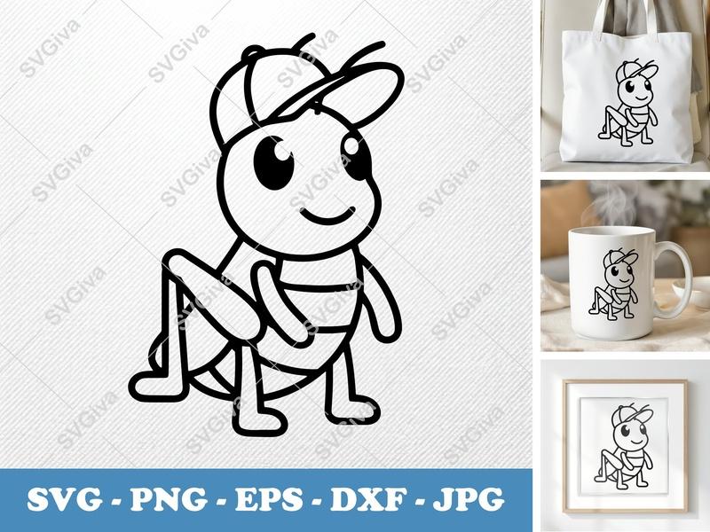 Grasshopper SVG, Cute Cartoon Grasshopper with Hat, Insect Clipart, PNG EPS DXF | Cricut Silhouette Cut File