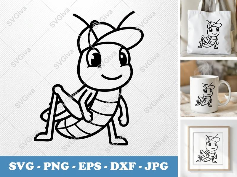 Grasshopper SVG, Cute Cartoon Grasshopper with Hat, Insect Clipart | PNG EPS DXF | Cricut Silhouette Cut File