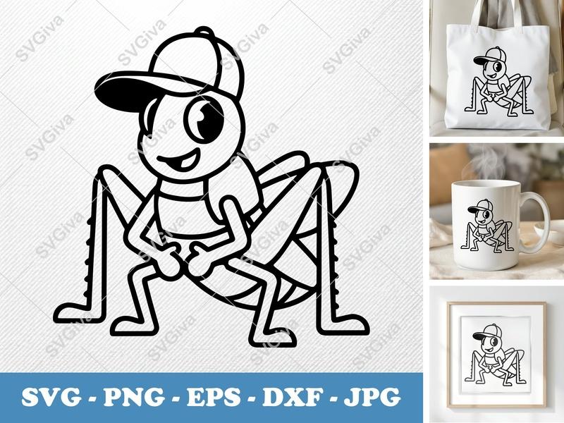 Grasshopper SVG, Cute Cartoon Grasshopper with Hat, Modern Insect Clipart | PNG EPS DXF for Cricut Silhouette