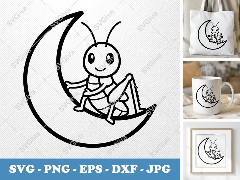 Grasshopper SVG | Cute Cartoon Moon Insect Cut File | PNG EPS DXF for Cricut, Silhouette | Bug Clipart Vector Art