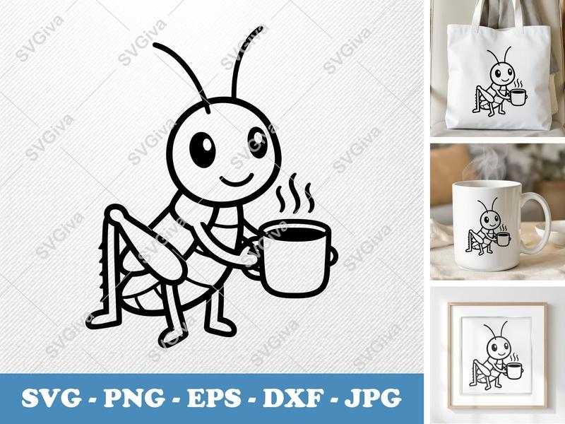 Grasshopper SVG, Cute Coffee Insect, Modern Line Art, PNG EPS DXF | Cricut & Silhouette Cut File, Bug Clipart Design