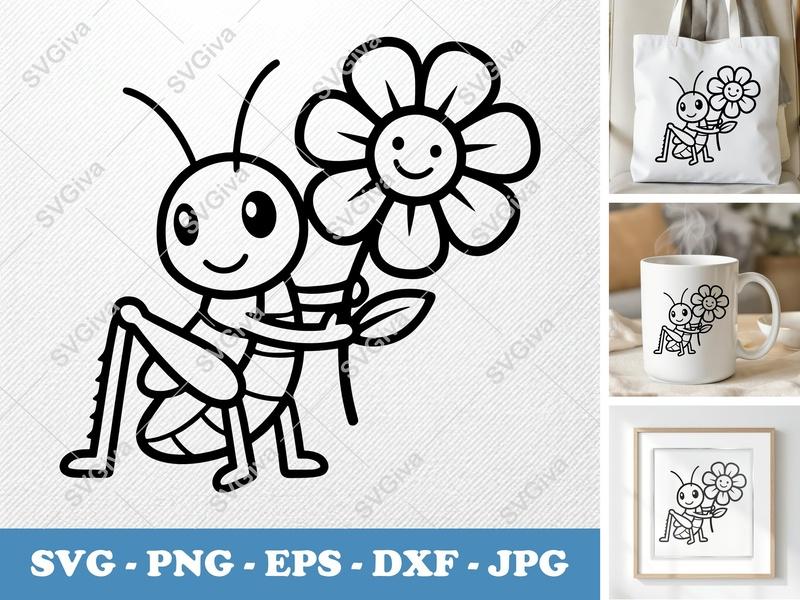 Grasshopper SVG | Cute Modern Cartoon with Flower | PNG EPS DXF | Cricut Silhouette Cut File | Insect Clipart