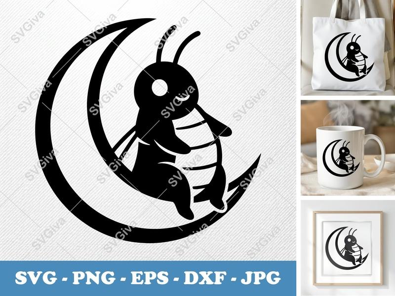Grasshopper SVG | Cute Moon Cricket Cut File, Modern Insect Clipart | PNG EPS DXF for Cricut, Silhouette, Vinyl Decal