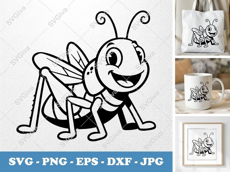Grasshopper SVG, Cute Smiling Insect | Modern Clean Design, PNG EPS DXF | Cricut Silhouette Cut File, Bug Clipart