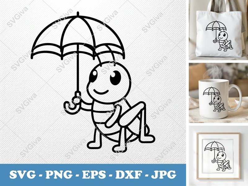 Grasshopper SVG | Cute Umbrella Insect Cut File | PNG EPS DXF | Cricut Silhouette Vector Art | Modern Bug Clipart