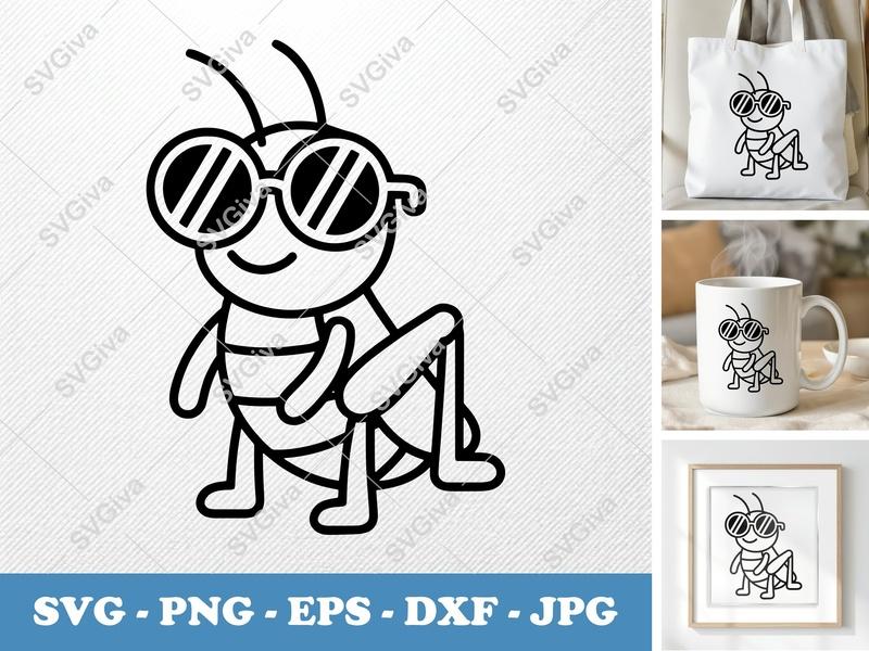 Grasshopper SVG, Funny Bug with Sunglasses Cut File, Cartoon Insect PNG EPS DXF for Cricut Silhouette, Modern Clipart Vector