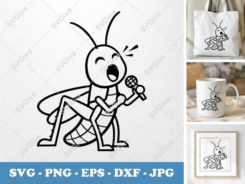 Grasshopper SVG, Singing Insect PNG, EPS, DXF Cut File for Cricut & Silhouette, Modern Cartoon Bug Clipart, Music Lover Design