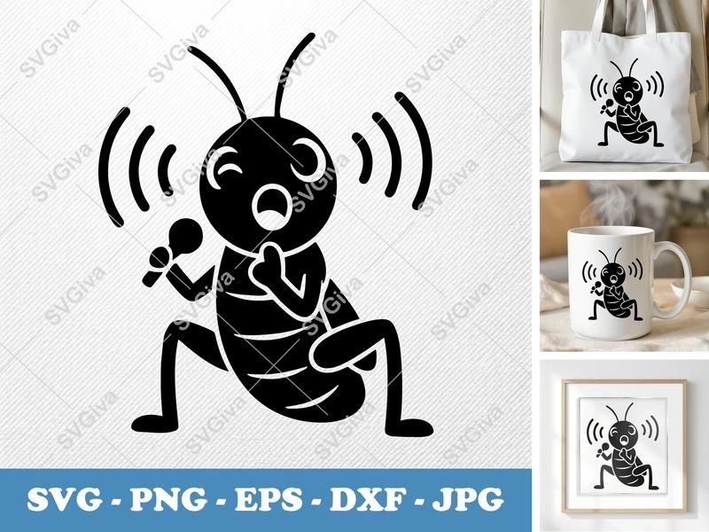 Grasshopper SVG, Singing Microphone Cricket Cut File, Modern Cartoon Insect PNG EPS DXF for Cricut & Silhouette