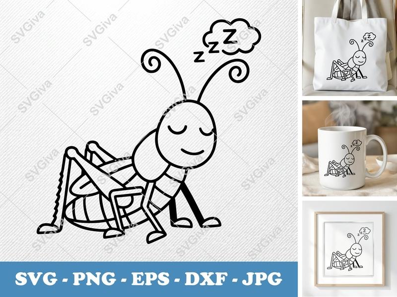 Grasshopper SVG | Sleeping Insect Cut File | Modern Cartoon Bug Line Art | PNG EPS DXF for Cricut & Silhouette