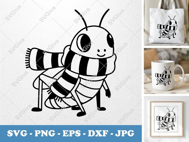 Grasshopper wearing a Scarf SVG | Puffy Cartoon | PNG DXF EPS | Cricut Silhouette File