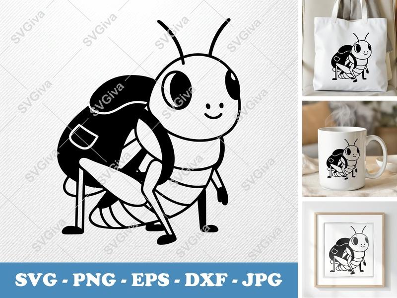 Grasshopper wearing backpack SVG, Puffy Shape Inflated Pillow-soft forms, PNG DXF EPS, Cricut Silhouette Cute Insect