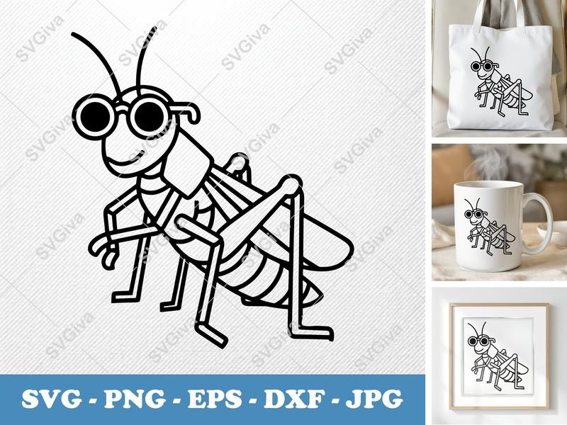 Grasshopper wearing sunglasses SVG | Minimalist Cartoon Cut File | Bold Black Contour, White Fill | PNG DXF EPS for Cricut Silhouette