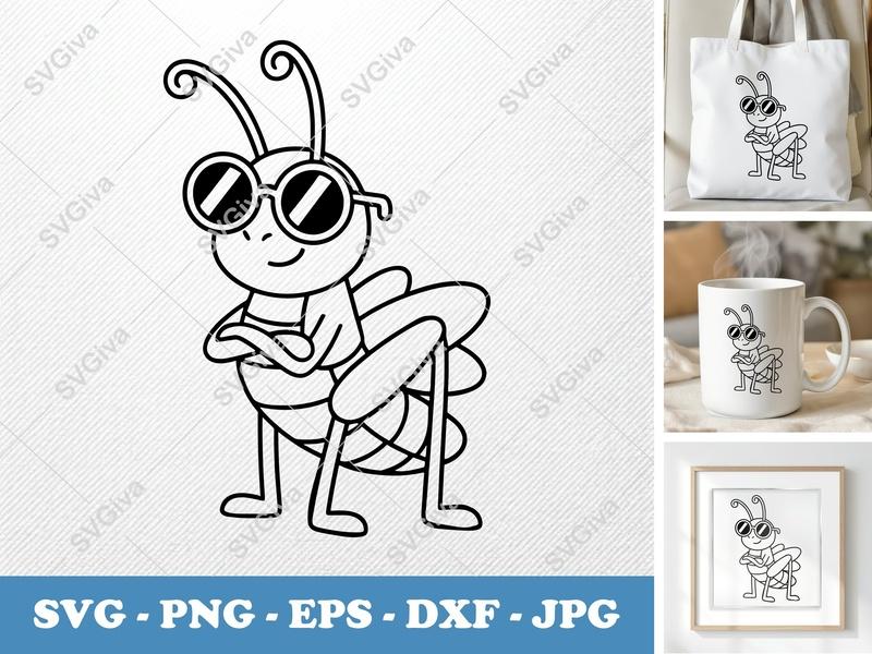 Grasshopper wearing sunglasses SVG PNG DXF EPS | Cricut Silhouette Insect Cut File