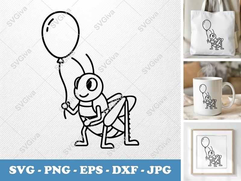 Grasshopper with Balloon SVG | Friendly Bean-Shaped Cut File | PNG DXF EPS | Cricut Silhouette Design