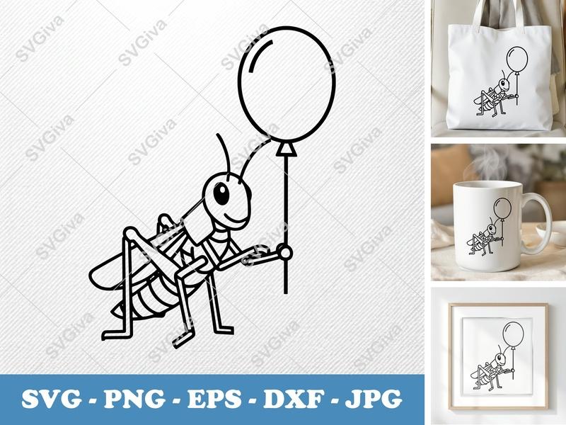 Grasshopper with Balloon SVG | Simple Character Design | Bold Outline Files | PNG DXF EPS | Cricut Silhouette Cut File