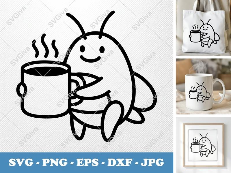 Grasshopper with Coffee Cup SVG | Friendly Rounded Bean-shaped Bug | PNG DXF EPS | Cricut Silhouette File