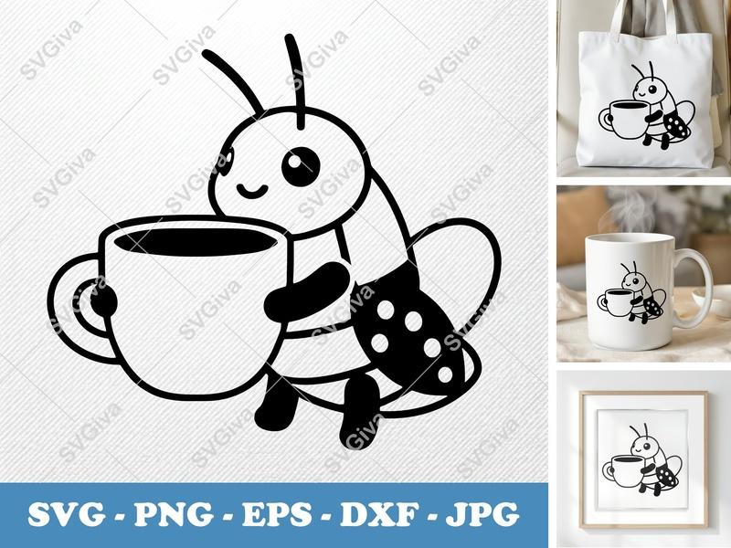 Grasshopper with Coffee Cup SVG | Puffy Soft Shapes | Inflated Pillow-Soft | PNG DXF EPS | Cricut Silhouette File