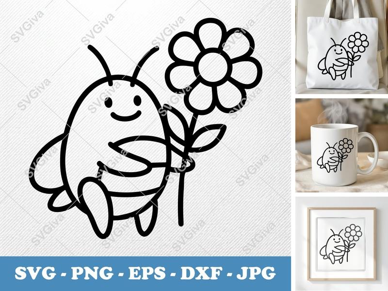 Grasshopper with Flower SVG | Friendly Bean-Shaped Cut File | PNG DXF EPS | Cricut Silhouette Design