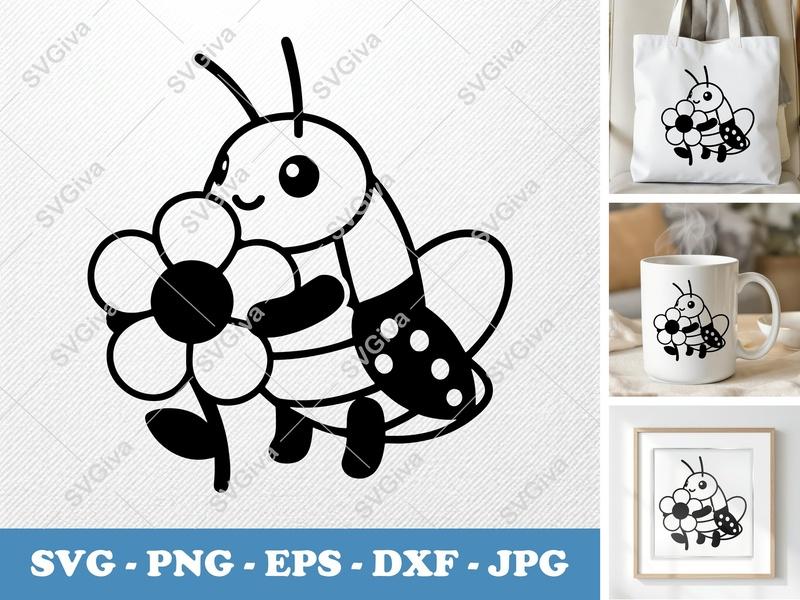 Grasshopper with Flower SVG | Puffy Cartoon Critter Cut File | Inflated Shapes PNG DXF EPS | Cricut Silhouette Ready