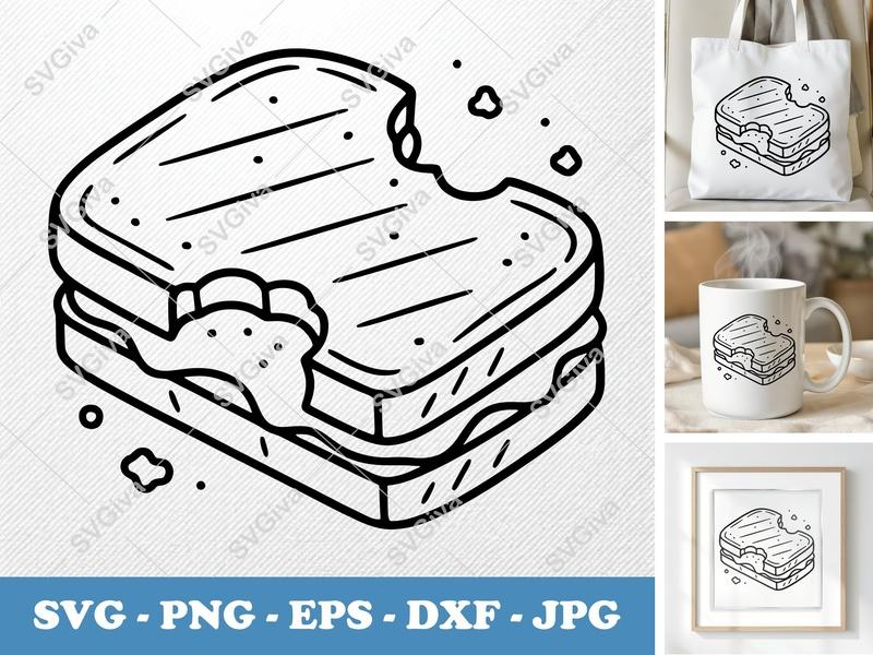 Grilled Cheese SVG | Bitten Sandwich Line Art, Modern Toasted Bread PNG EPS DXF for Cricut & Silhouette Machines