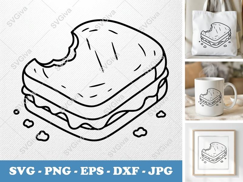Grilled Cheese SVG | Bitten Sandwich Modern Outline | PNG EPS DXF | Cricut Silhouette Cut File | Foodie Kitchen Clipart