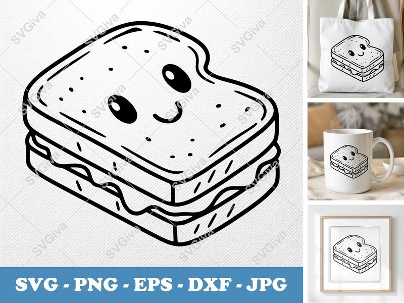 Grilled Cheese SVG | Cute Kawaii Face Sandwich PNG EPS DXF | Modern Food Clip Art for Cricut, Silhouette, Lunch Box Decal