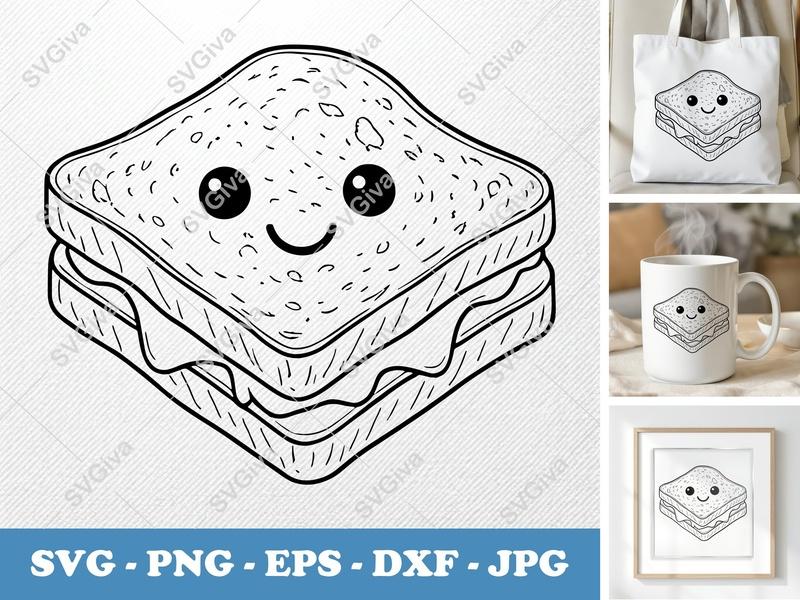 Grilled Cheese SVG | Cute Sandwich Cut File, Kawaii Food PNG, EPS, DXF for Cricut, Silhouette | Modern Kitchen Clipart