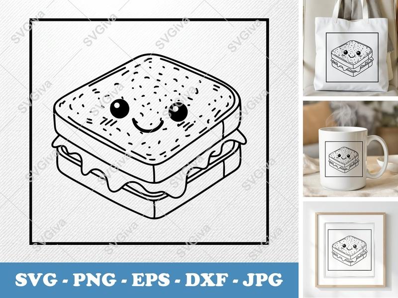 Grilled Cheese SVG, Kawaii Sandwich Cut File, Cute Food Clipart, PNG EPS DXF for Cricut | Silhouette, Modern Kitchen Decor