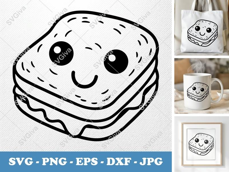 Grilled Cheese SVG, Kawaii Sandwich PNG, EPS, DXF | Cute Food Clipart for Cricut, Silhouette | Modern Outline Design