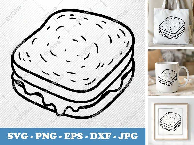 Grilled Cheese SVG, Outline Sandwich Cut File, Modern Food PNG EPS DXF for Cricut & Silhouette, Kitchen Clipart Vector