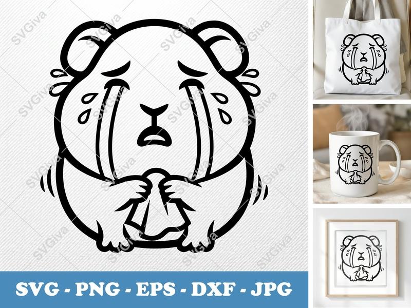 Guinea Pig Crying SVG | Sad Guinea Pig with Tissue PNG EPS DXF | Cricut Silhouette Cut File | Pet Vector Art