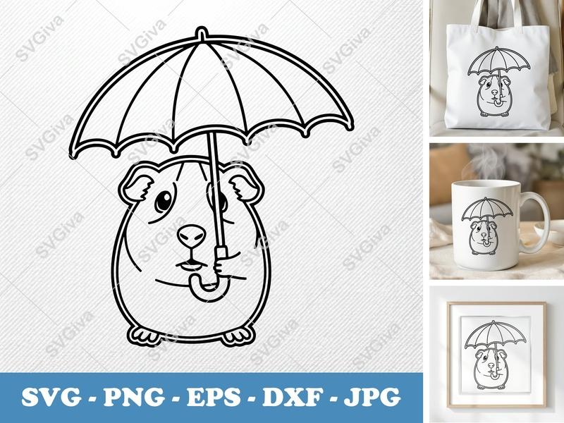 Guinea pig holding umbrella SVG | Double-Outline Simple Shapes | PNG DXF EPS | Cricut Silhouette File