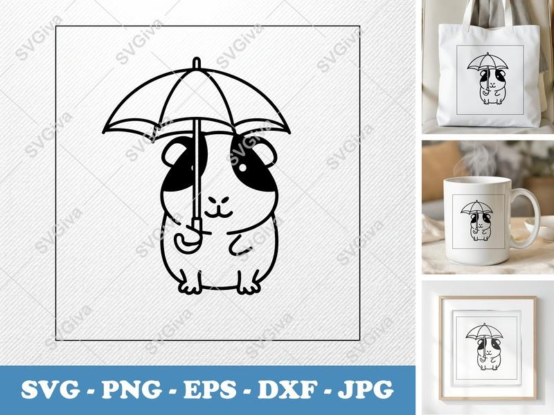 Guinea pig holding umbrella SVG, Friendly Rounded Body Bean-Shaped Cut File, PNG DXF EPS for Cricut Silhouette