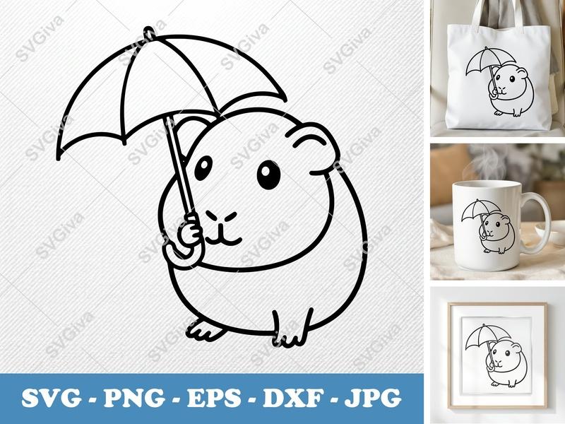 Guinea pig holding umbrella SVG | Minimalist Line Art | Clean Contour PNG DXF EPS | Cricut Silhouette File