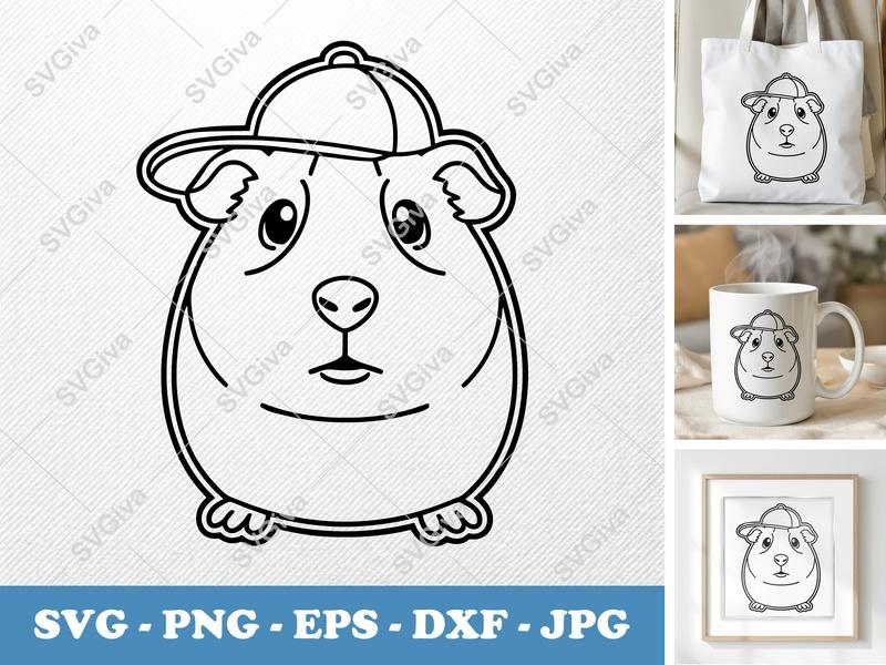 Guinea pig in a cap SVG | Double-Outline Minimalist Art | PNG DXF EPS | Cricut Silhouette File