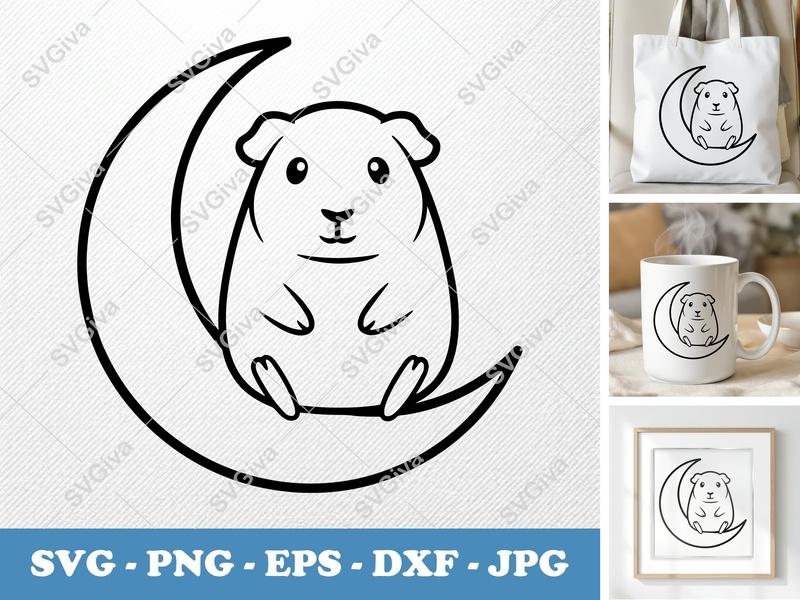 Guinea Pig on Moon SVG, Simple Character Outline, Bold Contour | PNG DXF EPS | Cricut Silhouette File