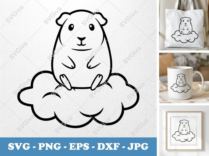 Guinea pig sitting on a cloud SVG | Simple Cartoon Cut File for Cricut | Bold Outline Vector PNG DXF EPS