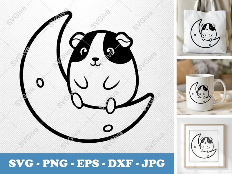 Guinea Pig Sitting on Moon SVG | Puffy Cartoon Critter Cut File | PNG DXF EPS | Cricut Silhouette Vector