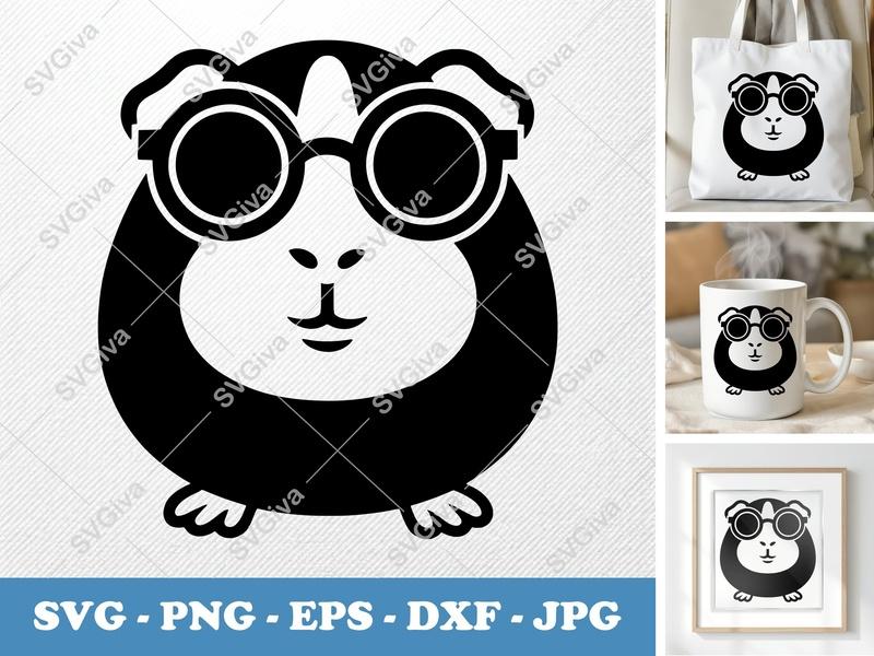 Guinea Pig SVG, Cool Guinea Pig with Glasses, Modern Pet Animal Vector | PNG EPS DXF for Cricut, Silhouette