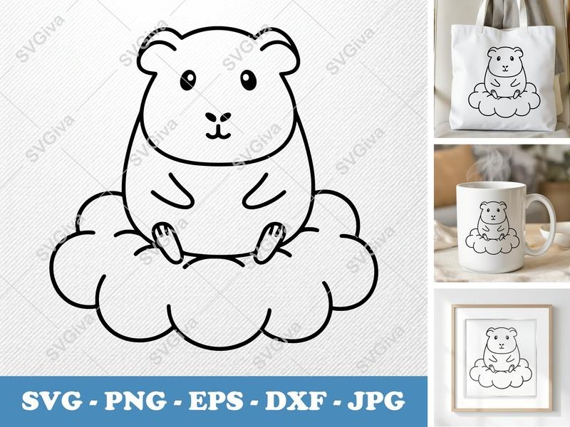 Guinea Pig SVG | Cute Animal on Cloud Design | Modern Line Art | PNG EPS DXF | Cricut Silhouette Cut File