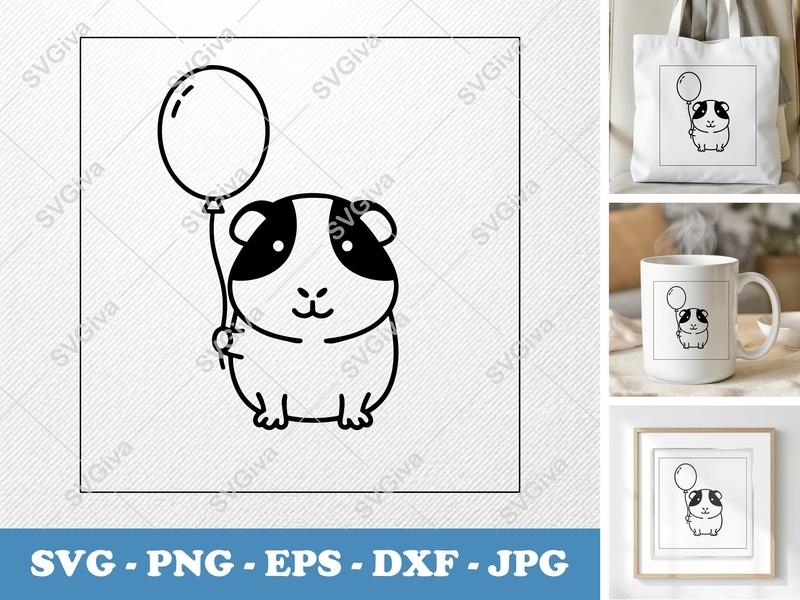 Guinea Pig SVG | Cute Animal with Balloon PNG EPS DXF | Modern Pet Clip Art for Cricut, Silhouette | Digital Download