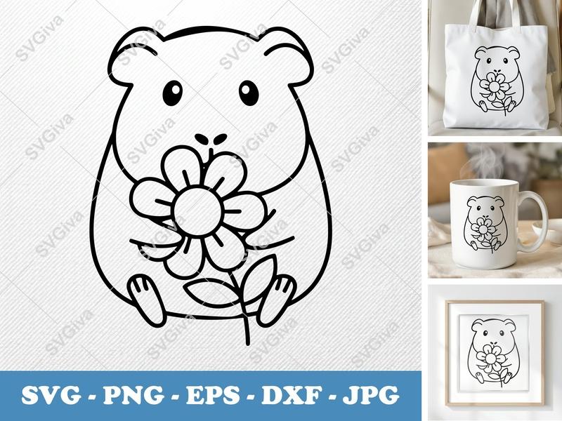 Guinea Pig SVG | Cute Animal with Flower | Modern Clean Line Art | PNG EPS DXF for Cricut Silhouette