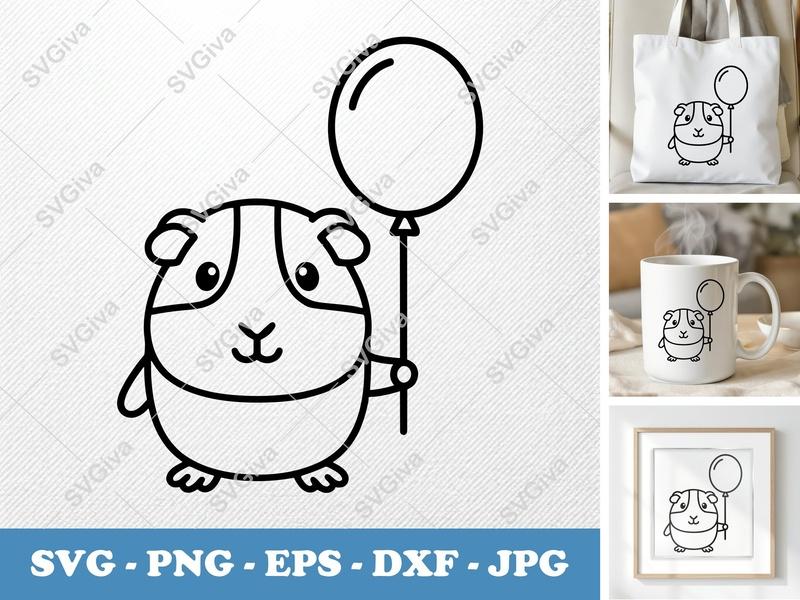 Guinea Pig SVG | Cute Cartoon Animal with Balloon Cut File | PNG EPS DXF for Cricut, Silhouette, Party Decor