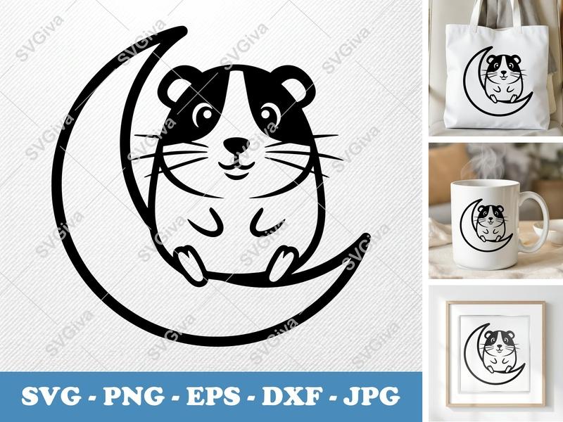 Guinea Pig SVG | Cute Cavy on Moon | Modern Pet Animal | Cricut Silhouette File, PNG, EPS, DXF