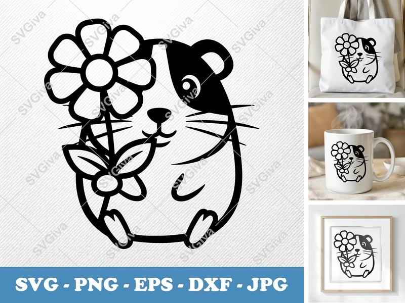 Guinea Pig SVG, Cute Floral Pet Cut File, Modern Animal PNG EPS DXF for Cricut | Silhouette, Flower Rodent Vector Clipart